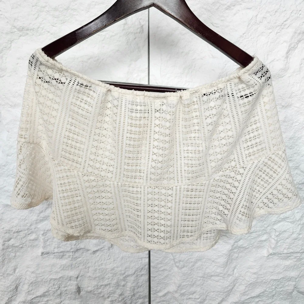 Crochet Lace Beach Cover Up White Mini Skirt Summer Boho Coquette Festival XL